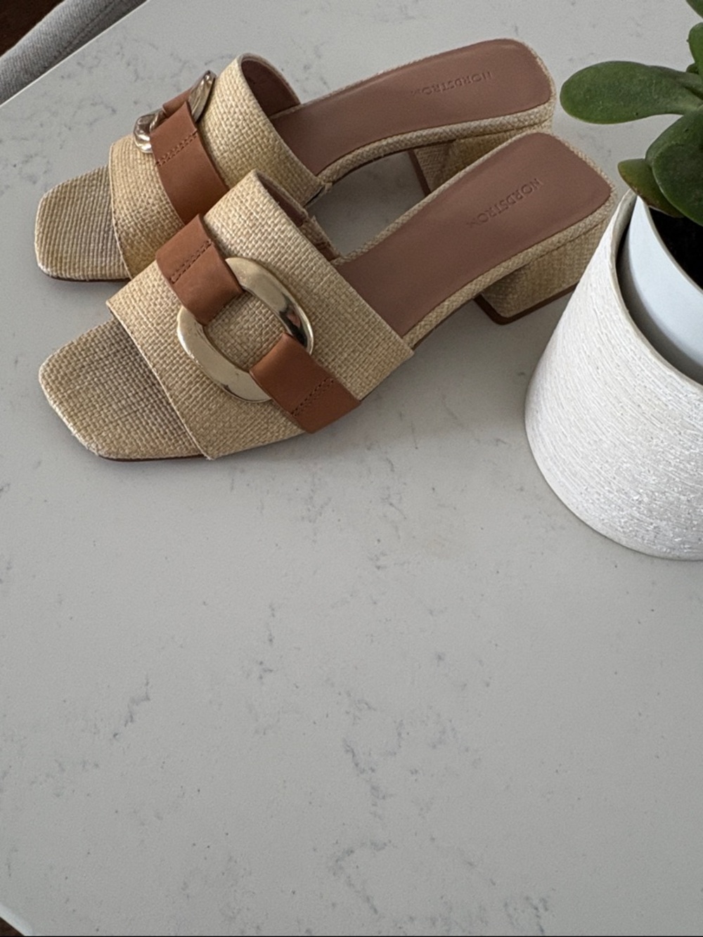Nordstrom Beige Raffia Mules with Tan Strap and Gold Buckle